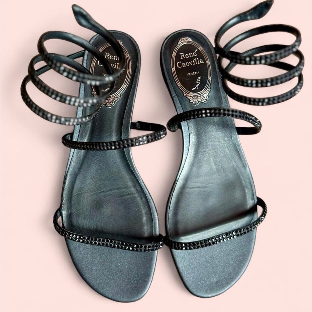 Rene Caovilla Black Leather Cleo Crystal Embellished Sandals size 36